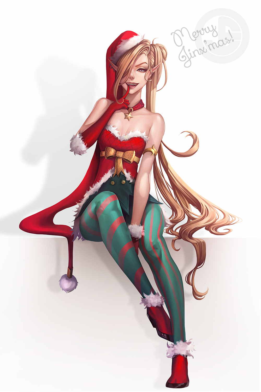 1girl, alternate_costume, ambitious_elf_jinx, asymmetrical_legwear, blonde_hair, boots, bow, choker