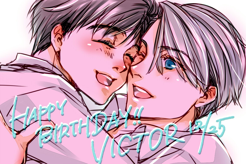 2boys, ;d, ^_^, black_hair, cheek-to-cheek, closed_eyes, dated, happy_birthday