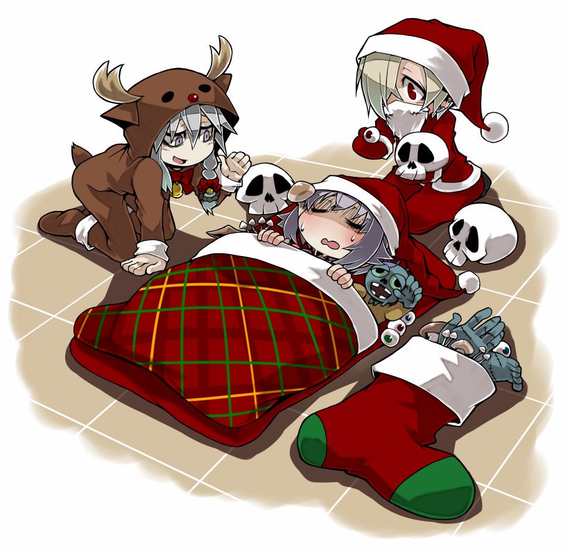 3girls, ahoge, animal_costume, ayame_hashinimasen, bearded_girl, blonde_hair, braid, christmas_stocking