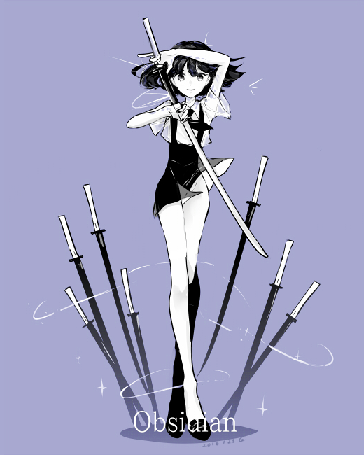 1other, androgynous, black_eyes, black_hair, black_necktie, cojima, dated, gem_uniform_(houseki_no_kuni), houseki_no_kuni, necktie, obsidian_(houseki_no_kuni), shirt, short_hair, short_sleeves, shorts, signature, smile, solo, suspender_shorts, suspenders, sword, weapon, white_shirt