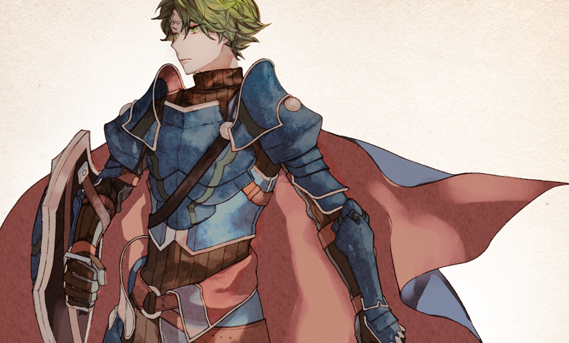 1boy, alm_(fire_emblem), armor, bad_id, bad_pixiv_id, beige_background, cape, circlet