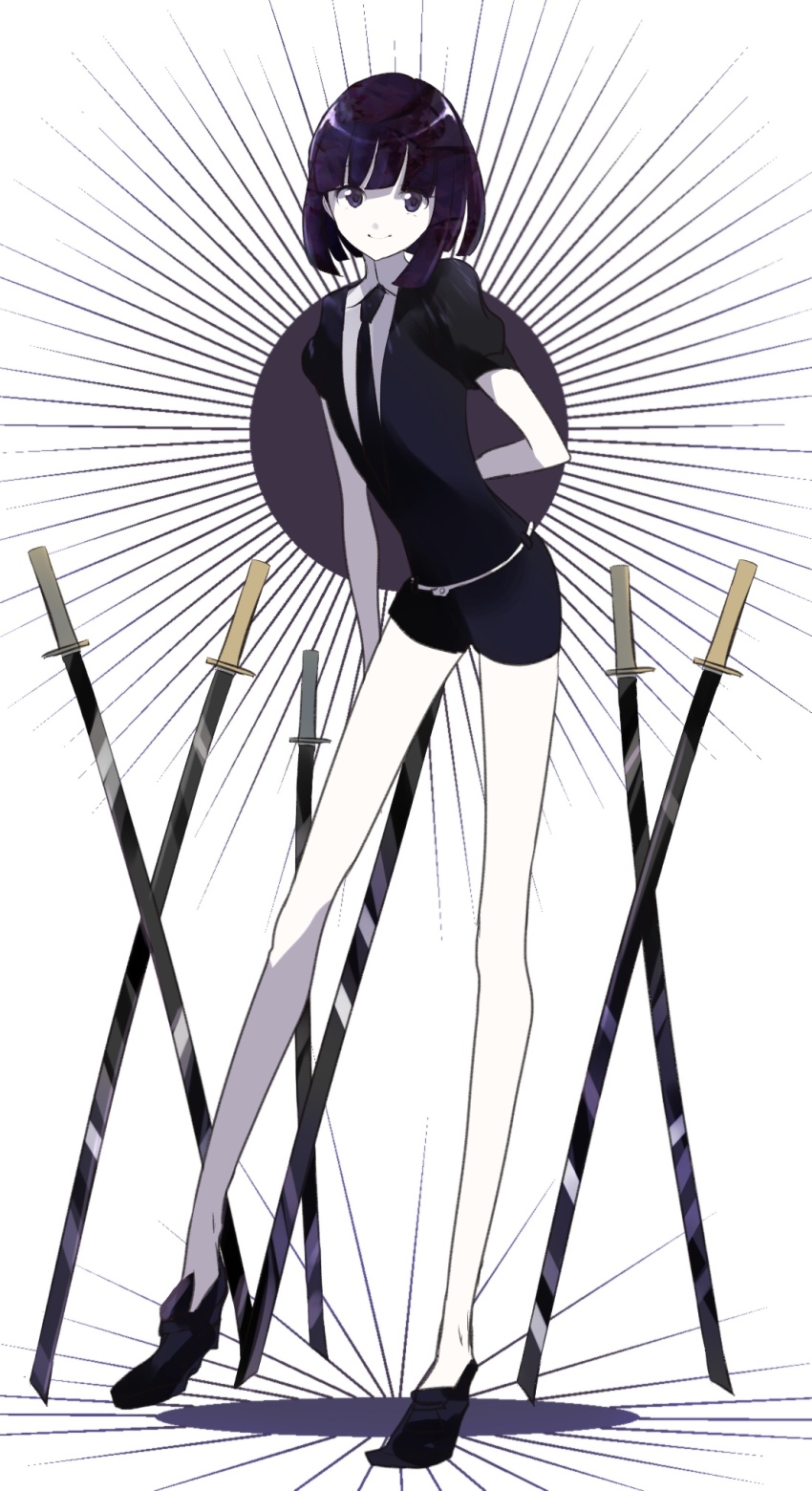 androgynous, black_eyes, black_hair, black_necktie, black_shorts, gem_uniform_(houseki_no_kuni), gender_request, highres