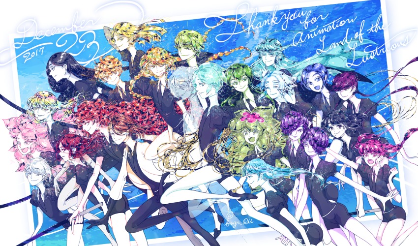 6+others, alexandrite_(houseki_no_kuni), amethyst_(houseki_no_kuni), androgynous, antarcticite, benitoite_(houseki_no_kuni), black_eyes, black_footwear