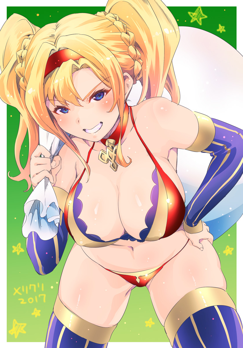 >:), 1girl, arm_warmers, blonde_hair, blue_eyes, blue_thighhighs, breasts, christmas, cleavage, female_focus, gradient_background, granblue_fantasy, green_background, grin, hair_intakes, highres, large_breasts, leaning_forward, looking_at_viewer, navel, nokinhizadati, sack, smile, solo, striped_clothes, striped_thighhighs, thighhighs, twintails, v-shaped_eyebrows, vertical_stripes, zeta_(granblue_fantasy)