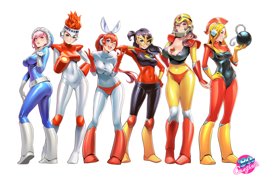 >:), 6+girls, ;d, absurdres, arm_at_side, arm_cannon, arm_guards, arm_up