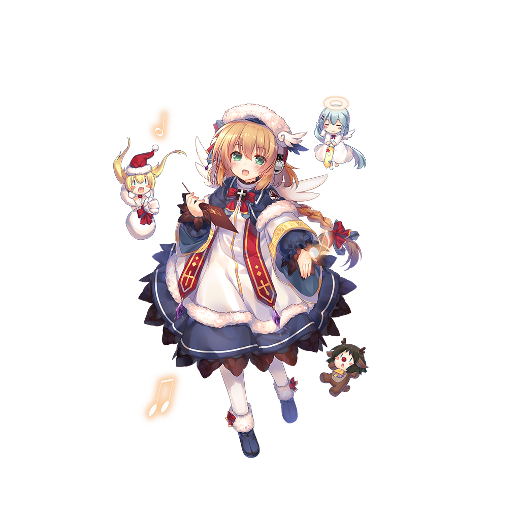 4girls, alternate_costume, blonde_hair, blush, book, braid, chibi, full_body, green_eyes, halo, hat, headphones, heermann_(warship_girls_r), long_braid, long_hair, looking_at_viewer, multiple_girls, music, pantyhose, shenbei_xiaoqiu, singing, single_braid, transparent_background, twintails, warship_girls_r, wings, winter_clothes