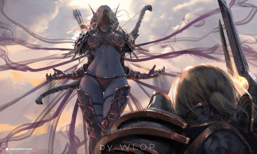 1boy, 1girl, anduin_wrynn, armor, arrow_(projectile), artist_name, bikini_armor, black_panties, blonde_hair, blue_skin, bow_(weapon), breasts, breasts_apart, closed_mouth, cloud, cloudy_sky, colored_skin, dark_elf, elf, floating, gauntlets, glowing, glowing_eyes, greaves, highres, holding, holding_sword, holding_weapon, hood, hood_up, looking_down, navel, outdoors, panties, patreon_logo, patreon_username, pauldrons, pink_lips, plate_armor, pointy_ears, ponytail, quiver, red_eyes, shoulder_armor, sky, sword, sylvanas_windrunner, thigh_gap, underwear, warcraft, weapon, wlop, world_of_warcraft