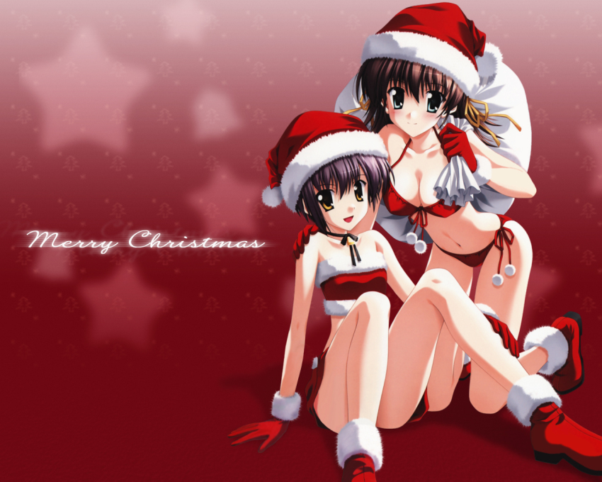 00s, 2girls, bikini, black_hair, boots, brown_eyes, brown_hair, christmas