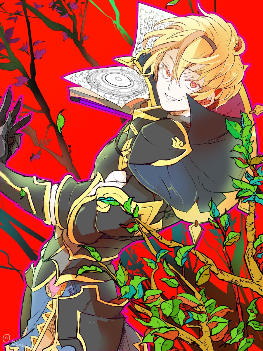 1boy, armor, artist_name, back, blonde_hair, book, brynhildr_(tome), capelet, fire_emblem, fire_emblem_fates, gloves, hairband, highres, leaf, leo_(fire_emblem_fates), male_focus, nintendo, red_background, red_eyes, simple_background, solo, teeth, torisudesu