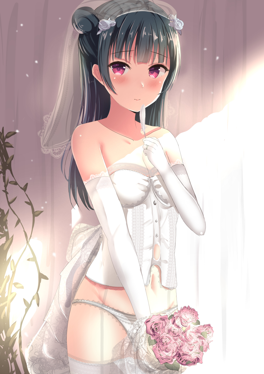 1girl, bare_shoulders, blue_hair, blush, bouquet, bridal_veil, bride, collarbone