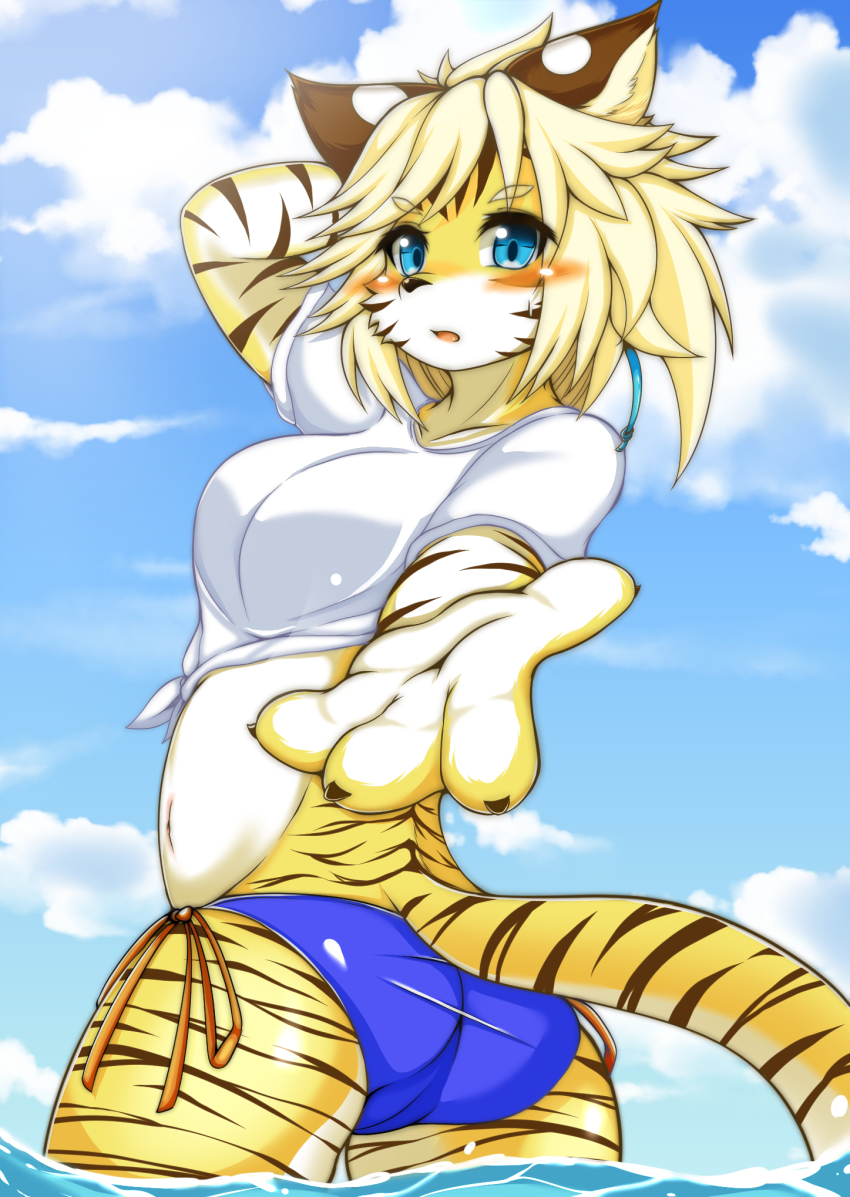 1girl, animal_ears, animal_hands, arm_up, ass, bikini, bikini_bottom_only, blonde_hair, blue_bikini, blue_eyes, blue_sky, blush, breasts, cameltoe, claws, cloud, crop_top, day, female_focus, from_behind, fullbokko_heroes, furry, furry_female, highres, looking_at_viewer, looking_back, medium_breasts, megane_inu, navel, open_mouth, outdoors, outstretched_arm, shiny_skin, shirt, short_hair, short_sleeves, side-tie_bikini_bottom, sky, solo, swimsuit, tail, tied_shirt, wading, water, white_shirt, zhang_fei_(fullbokko_heroes)
