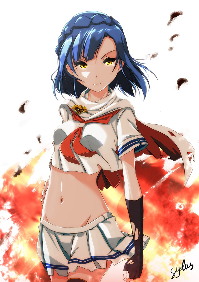 1girl, blue_hair, braid, breasts, cowboy_shot, female_focus, fingerless_gloves, gloves