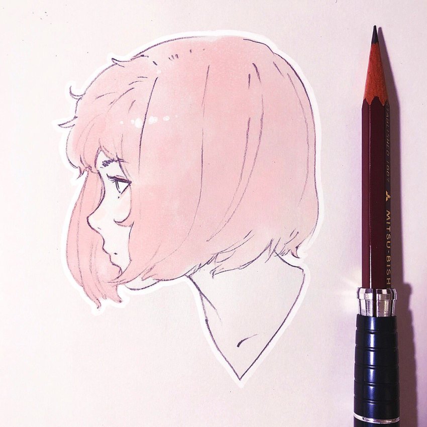 1girl, bob_cut, brown_hair, female_focus, from_side, graphite_(medium), ilya_kuvshinov, pencil, portrait, short_hair, sketch, solo, tactics, traditional_media, wind, wind_lift, youko_(tactics)