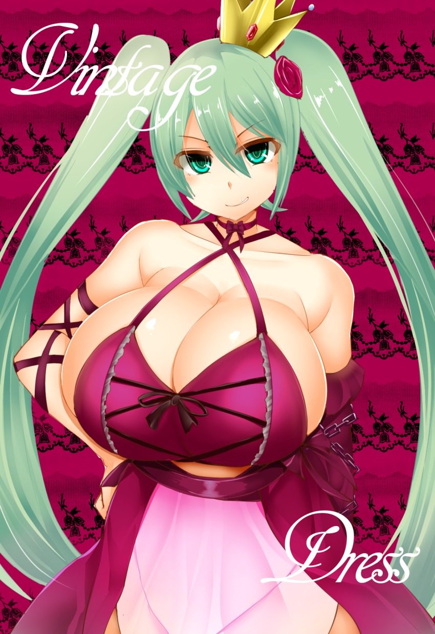 1girl, alternate_breast_size_(larger), breasts, cleavage, crown, detached_sleeves, facominn, female_focus, green_eyes, green_hair, grin, hand_on_own_hip, hatsune_miku, hatsune_miku_(vintage_dress), highres, huge_breasts, long_hair, looking_at_viewer, smile, solo, twintails, very_long_hair, vocaloid