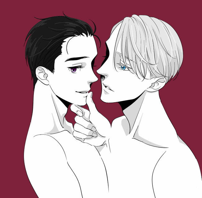 2boys, alternate_eye_color, black_hair, blue_eyes, hair_slicked_back, hand_on_another's_face, katsuki_yuuri, male_focus