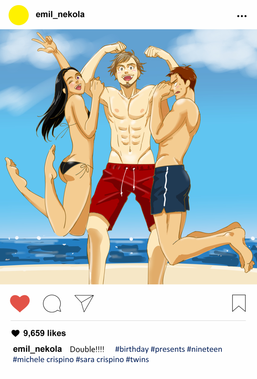 1girl, 2boys, ;d, beach, beard, bikini, black_bikini, black_hair, blue_eyes, blue_male_swimwear, blue_swim_trunks, brown_hair, dark_skin, day, drawstring, emil_nekola, english_text, facial_hair, fake_screenshot, highres, instagram, male_swimwear, michele_crispino, multiple_boys, natsuno_(natsunosho), one_eye_closed, open_mouth, outdoors, purple_eyes, red_male_swimwear, red_swim_trunks, sara_crispino, smile, swim_trunks, swimsuit, toned, toned_male, topless_male, yuri!!!_on_ice