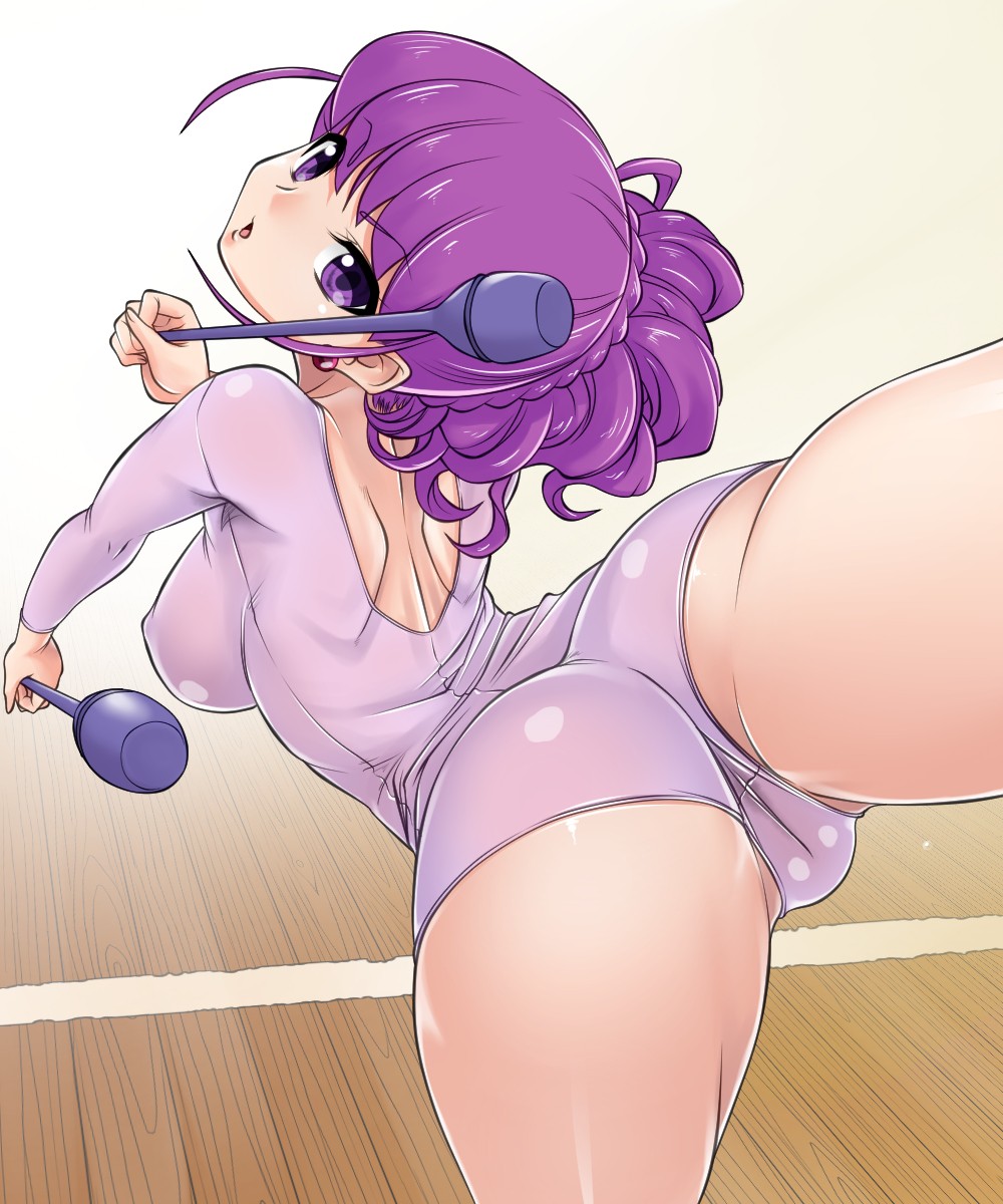 10s, 1girl, arched_back, ass, athletic_leotard, female_focus, highres, holding, kirakira_precure_a_la_mode, kotozume_yukari, leg_up, leotard, long_sleeves, looking_at_viewer, looking_back, nurugamer-kouyouju, precure, purple_eyes, purple_hair, solo, twisted_neck, updo