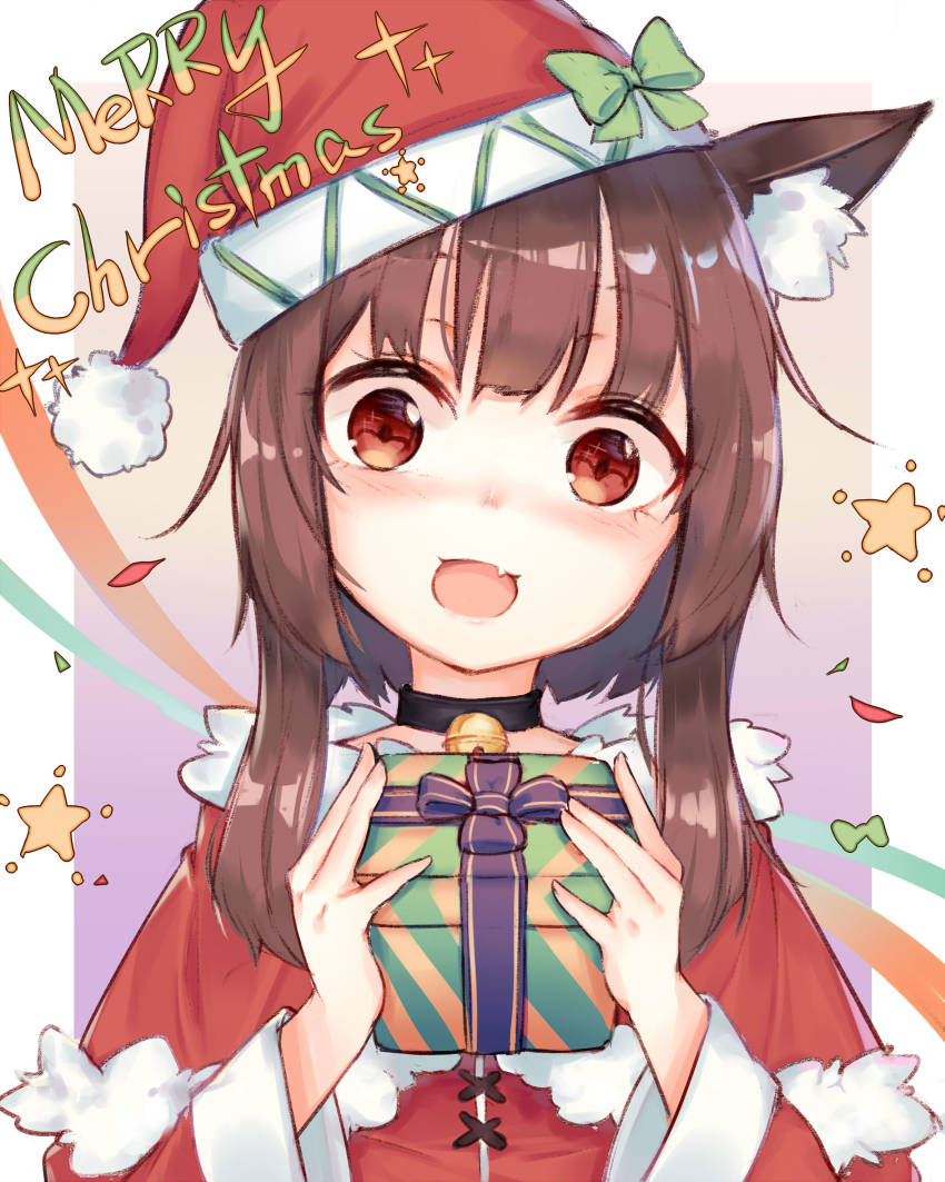 absurdres, alternate_costume, animal_ears, blush, brown_hair, cat_ears, christmas, gift