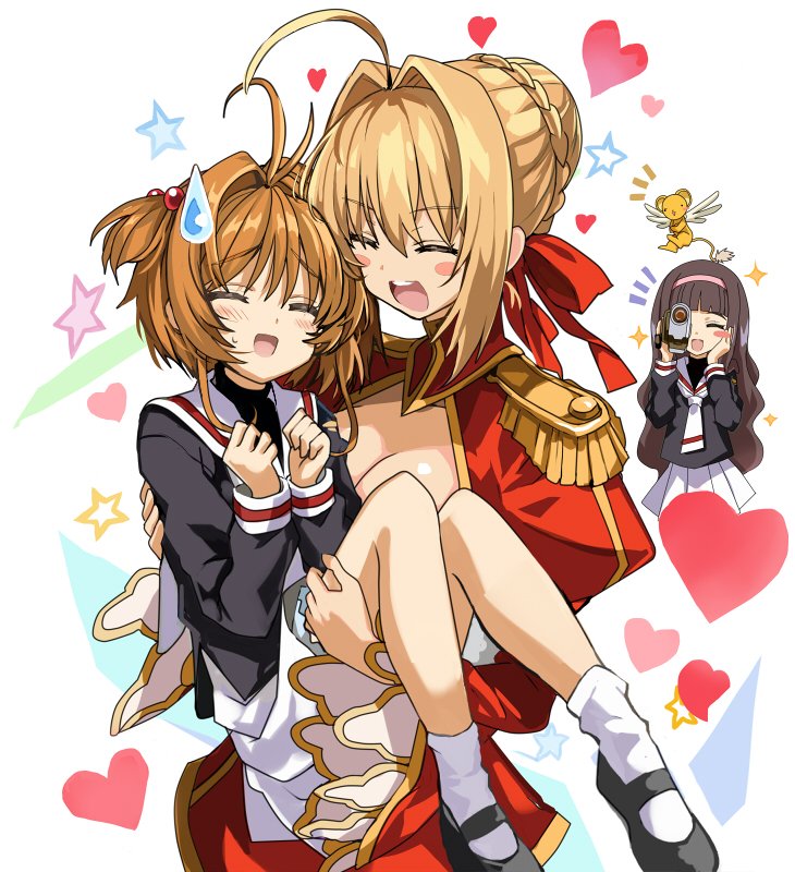 10s, 3girls, ^_^, ahoge, antenna_hair, black_hair, blonde_hair, blush