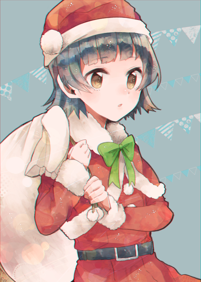 1girl, arare_(christmas)_(kancolle), arare_(kancolle), bag, belt, black_hair, bow, bowtie
