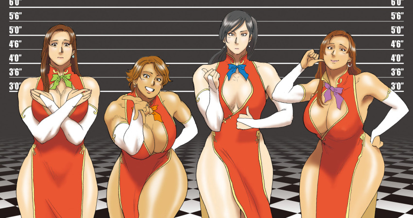4girls, arm_up, bare_shoulders, black_eyes, black_hair, breasts, brown_eyes, brown_hair, cao_li, checkered_floor, china_dress, chinese_clothes, cleavage, cleavage_cutout, clothing_cutout, confused, covering_privates, covering_breasts, curvy, dress, earrings, elbow_gloves, embarrassed, gloves, grin, guan_cai-he, hand_gesture, hand_on_own_hip, height_chart, height_difference, highres, hip_focus, huge_breasts, jewelry, large_breasts, leaning_forward, lipstick, liu_mei-xing, long_hair, makeup, multiple_girls, muscular, muscular_female, nappii_(nappy_happy), open_mouth, original, pelvic_curtain, ponytail, presenting, ribbon, shiny_skin, short_hair, side_slit, smile, surprised, thick_thighs, thighs, thumbs_up, wide_hips, zhang_yan-hua