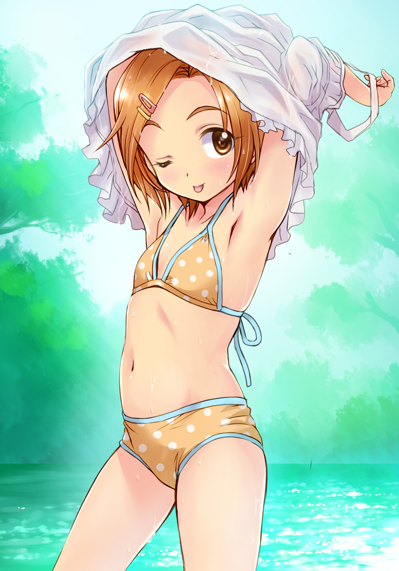 1girl, ;p, armpits, arms_up, backlighting, bikini, blue_sky, blush