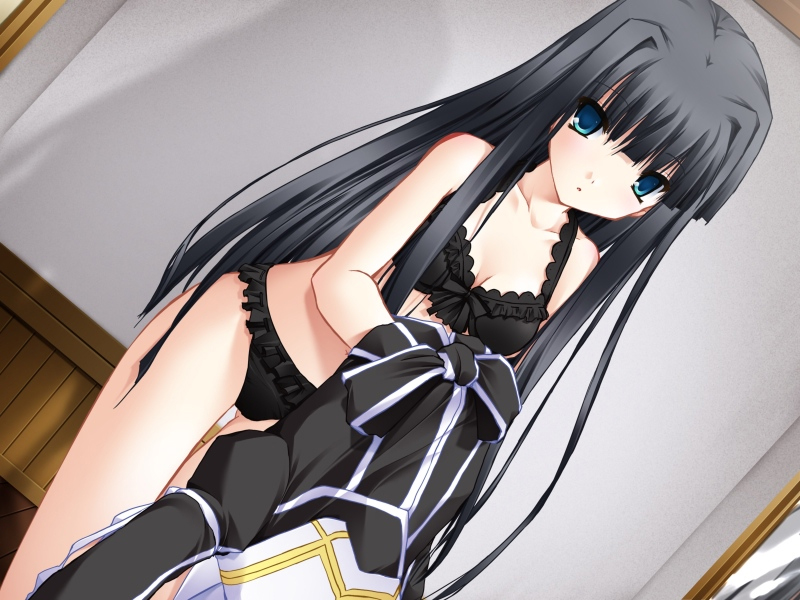 1girl, black_hair, black_panties, black_theme, blue_eyes, bra, changing, dutch_angle, female_focus, frilled_panties, frills, game_cg, indoors, lingerie, long_hair, looking_at_viewer, maya_(triptych), nimura_yuuji, panties, saiga_(company), solo, standing, thigh_gap, thighs, triptych, underwear, undressing
