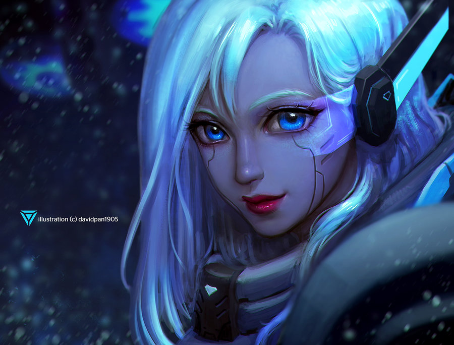 1girl, artist_name, ashe_(league_of_legends), blue_eyes, blue_hair, blue_theme, closed_mouth, commentary