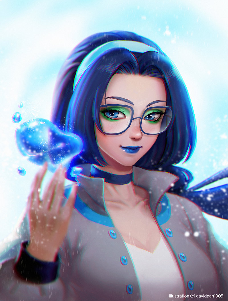 1girl, artist_name, blue-framed_eyewear, blue_choker, blue_eyes, blue_hairband, blue_lips, borrowed_character