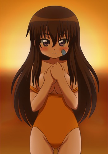 00s, 1girl, awa, black_hair, blush, breasts, clothes_pull, covering_breasts, covering_privates, female_focus, kemeko_deluxe, kurosaki_ryoko, long_hair, lowres, one-piece_swimsuit, one-piece_swimsuit_pull, purple_eyes, small_breasts, solo, sunset, swimsuit