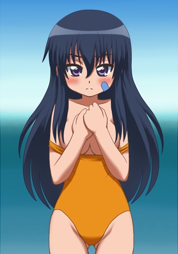 00s, 1girl, awa, black_hair, blush, breasts, clothes_pull, covering_breasts, covering_privates, female_focus, kemeko_deluxe, kurosaki_ryoko, long_hair, lowres, one-piece_swimsuit, one-piece_swimsuit_pull, purple_eyes, small_breasts, solo, swimsuit