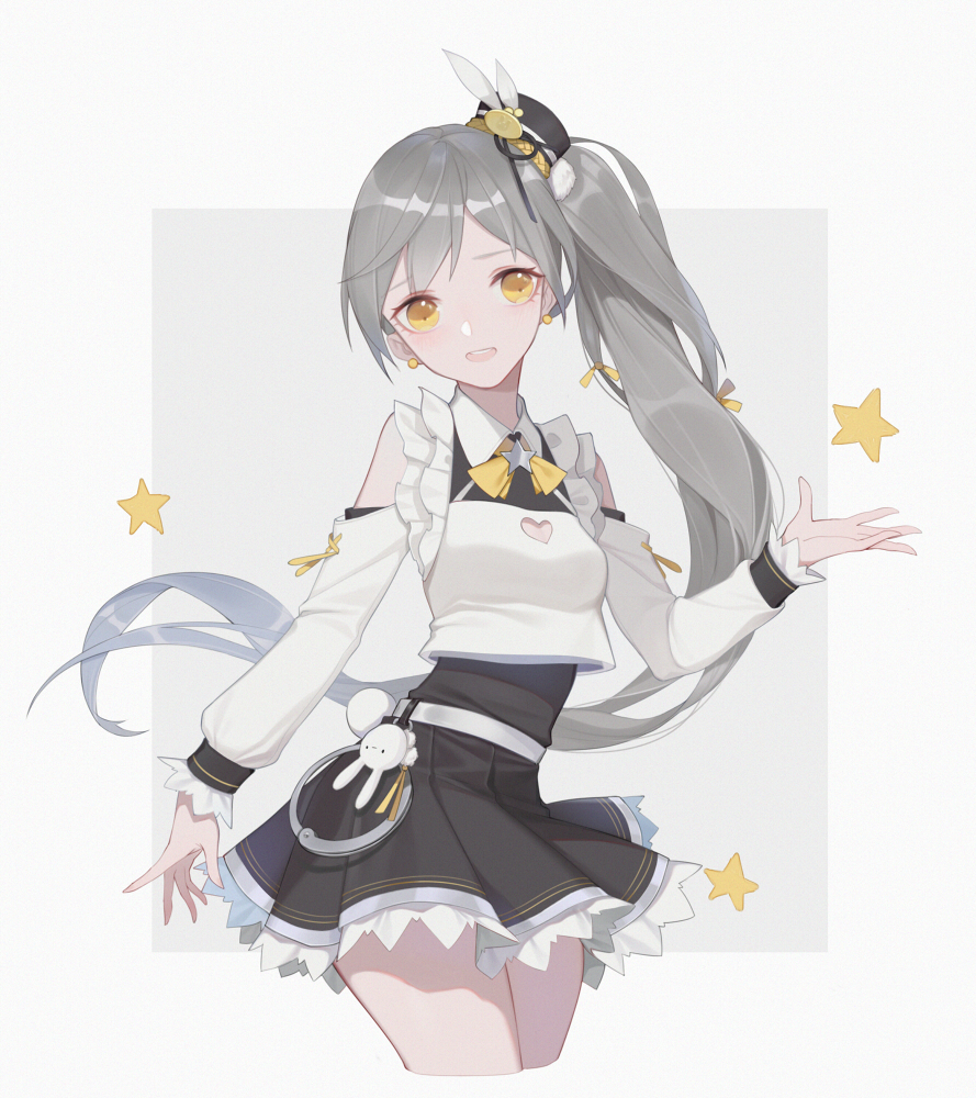 1girl, :d, animal_charm, arm_at_side, arm_up, belt, belt_charm, black_dress, breasts, bunny_charm, charm_(object), chinese_commentary, clothing_cutout, collar, commentary_request, detached_sleeves, dress, earrings, female_focus, frills, ginxiee, grey_hair, hat, heart_cutout, jewelry, long_sleeves, looking_at_viewer, mini_hat, open_mouth, original, pleated_dress, rabbit_charm, side_ponytail, small_breasts, smile, solo, star_(symbol), thighs, white_belt, white_collar, yellow_eyes