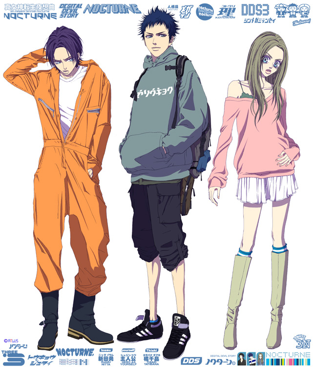 1girl, 2boys, atlus, backpack, bag, blue_eyes, blue_hair, boots