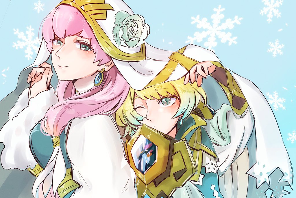 2girls, blonde_hair, blue_eyes, blue_hair, blush, breasts, cape, crown