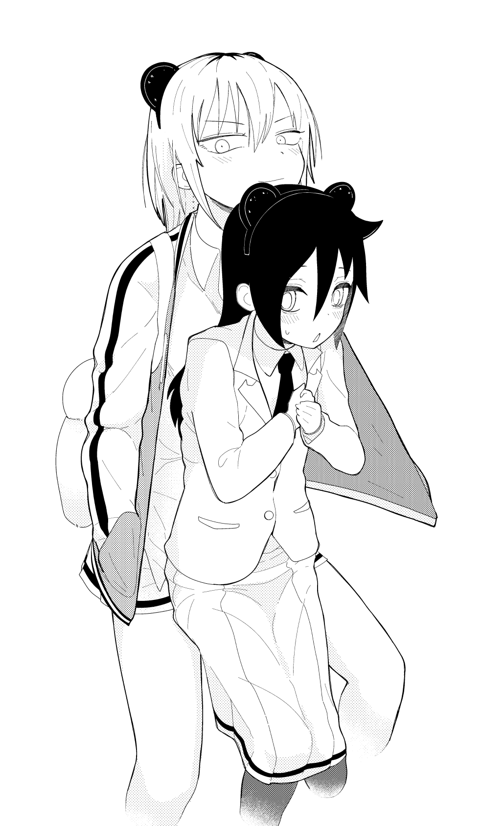 2girls, animal_ears, blush, commentary_request, fake_animal_ears, greyscale, hairband, hands_in_pockets