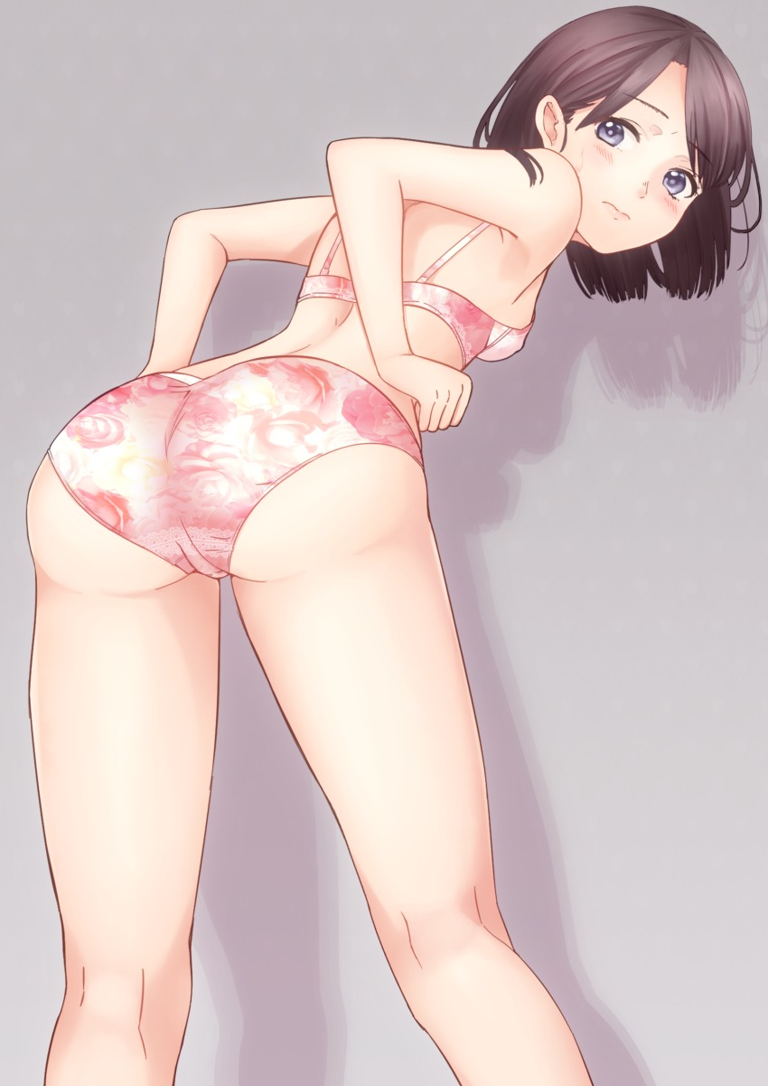 1girl, ass, bent_over, blue_eyes, bra, brown_hair, closed_mouth, crotch_seam