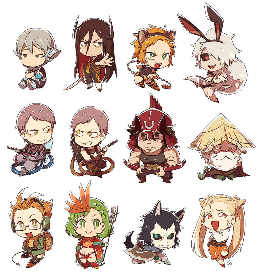 4girls, 6+boys, aira_kanae, animal_ears, animal_print, beard, black_sclera, blue_eyes