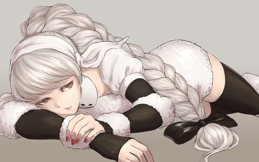 1girl, artist_request, black_gloves, black_thighhighs, bow, braid, elbow_gloves, eyelashes, female_focus, frend_sheep, fur_trim, gloves, grey_background, highres, juuni_taisen, juuni_taisen_vs_juuni_taisen, kerchief, long_hair, lying, no_eyebrows, puffy_short_sleeves, puffy_sleeves, short_sleeves, silver_hair, simple_background, single_braid, solo, thighhighs, tsurime, very_long_hair, yellow_eyes