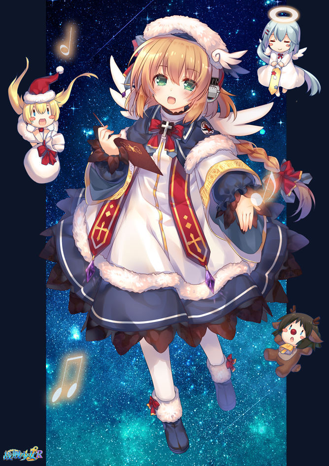 4girls, alternate_costume, blonde_hair, blush, book, braid, chibi, full_body