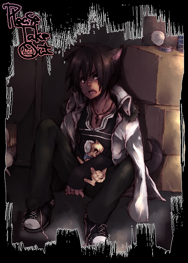 1boy, animal, animal_ears, box, cat, cat_ears, dark_skin, dark-skinned_male