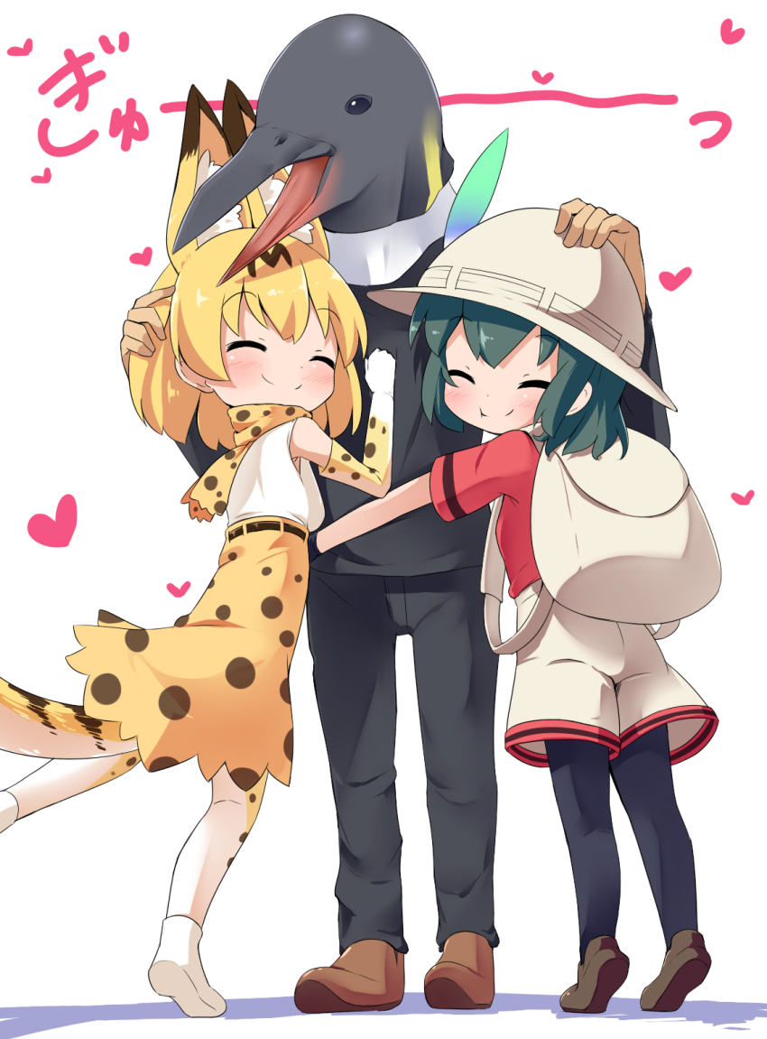 10s, 1boy, 2girls, ^_^, animal_ears, animal_print, backpack, bag, belt, black_hair, black_legwear, blonde_hair, blush, bucket_hat, closed_eyes, commentary, elbow_gloves, extra_ears, girl_sandwich, gloves, hand_on_another's_head, hat, hat_feather, heart, high-waist_skirt, highres, hug, kaban_(kemono_friends), kemono_friends, makuran, multicolored_gloves, multicolored_legwear, multiple_girls, pantyhose, print_gloves, print_legwear, print_neckwear, print_skirt, red_shirt, sandwiched, serval_(kemono_friends), serval_tail, shirt, short_sleeves, shorts, skirt, sleeveless, sleeveless_shirt, smith_&amp;_wesson, tail, tatsuki_(person), tiptoes, white_background, white_gloves, white_legwear, yellow_gloves, yellow_legwear, yellow_neckwear, yellow_skirt