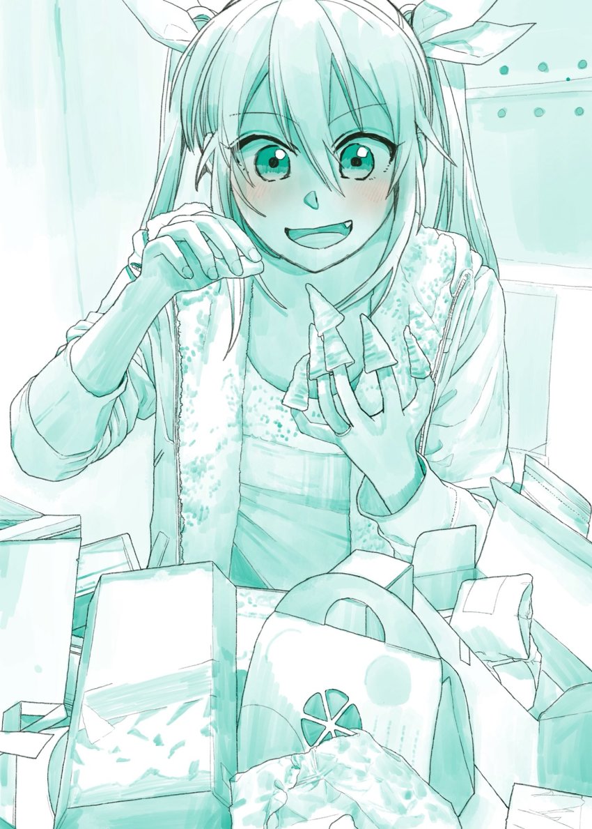 1girl, :d, bag, blush, bow, bugel_(food), bugles, bugles_(food)