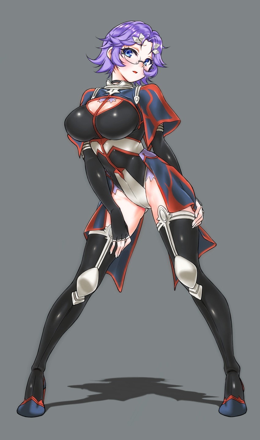 1girl, aged_up, alternate_breast_size, amara_barton, amara_barton_(cosplay), black_thighhighs, blue_eyes, blush, boots, breasts, cleavage_cutout, clothing_cutout, commentary_request, cosplay, covered_navel, elbow_gloves, fingerless_gloves, full_body, glasses, gloves, gluteal_fold, grey_background, hair_ornament, highres, large_breasts, latune_subbota, leotard, looking_at_viewer, parted_lips, purple_hair, shingyou_(alexander-13), short_hair, standing, super_robot_wars, super_robot_wars_original_generation, the_2nd_super_robot_wars_og, thigh_boots, thighhighs