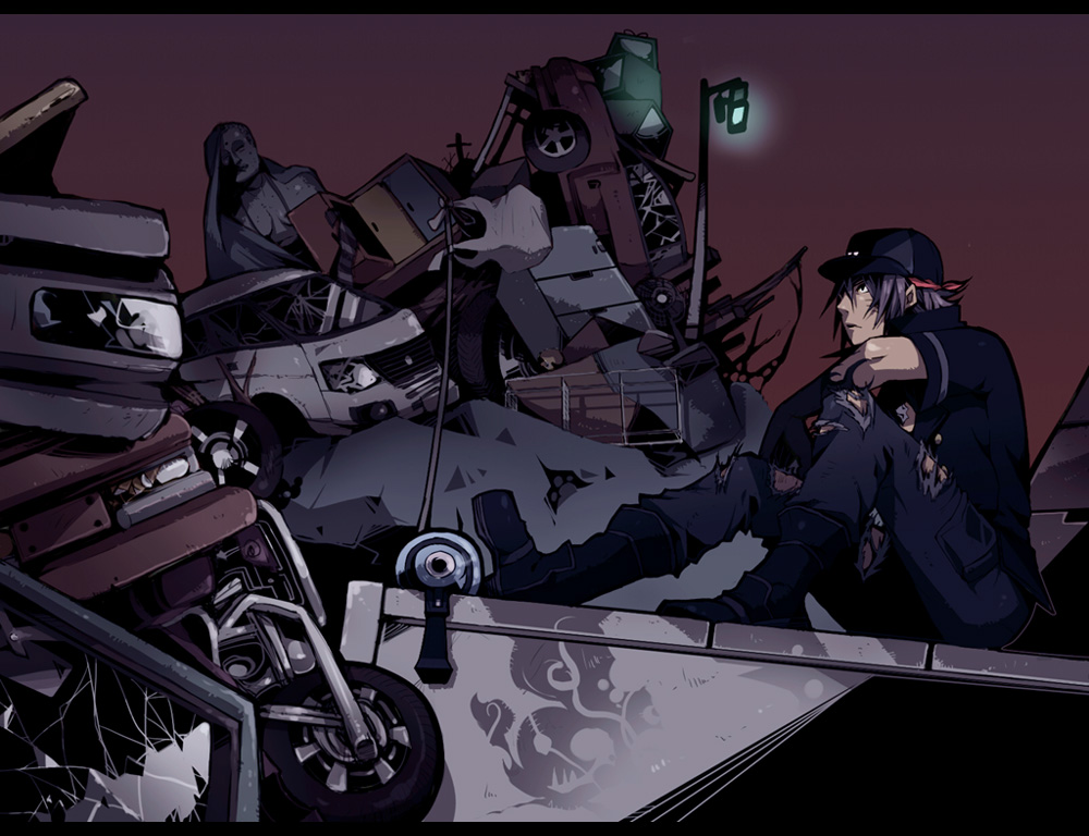 1boy, black_boots, boots, hat, junkyard, light_purple_hair, male_focus, minamimoto_sho