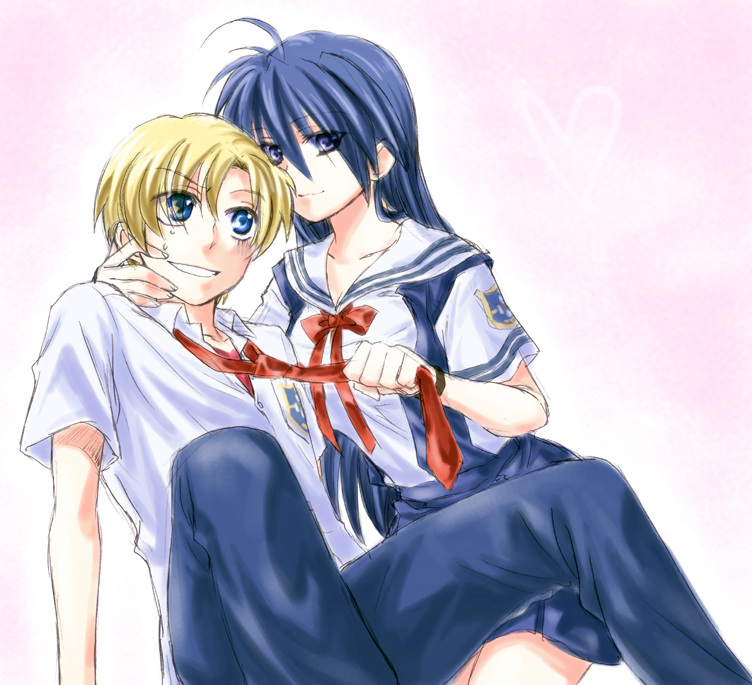 00s, 1boy, 1girl, blonde_hair, blue_eyes, blue_hair, clannad, genderswap