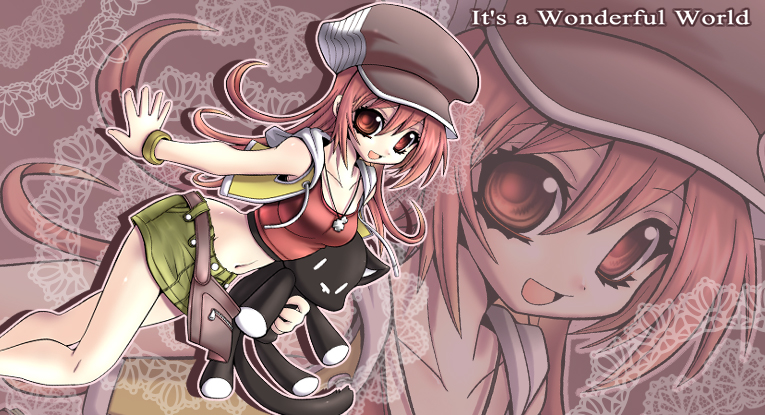 1girl, bad_id, bad_pixiv_id, newsboy_cap, fanny_pack, female_focus, gem_(ddt), gem_(pixiv), hat, hood, hoodie, long_hair, misaki_shiki, nyantan, pouch, red_eyes, red_hair, skirt, solo, stuffed_animal, stuffed_toy, subarashiki_kono_sekai, tank_top, zoom_layer