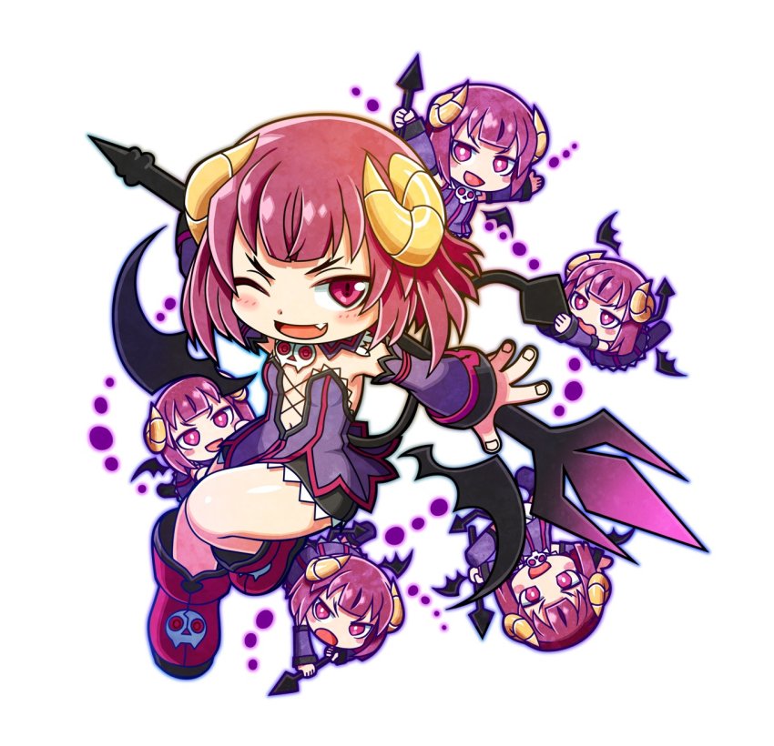 6+girls, azure_striker_gunvolt, demon_girl, demon_horns, demon_tail, demon_wings, fang, gal_gun, gal_gun_(series), gal_gun_double_peace, highres, horns, kurona_(galgun), mighty_gunvolt, mighty_gunvolt_burst, multiple_girls, multiple_persona, official_art, outline, red_eyes, simple_background, smile, tail, white_background, wings