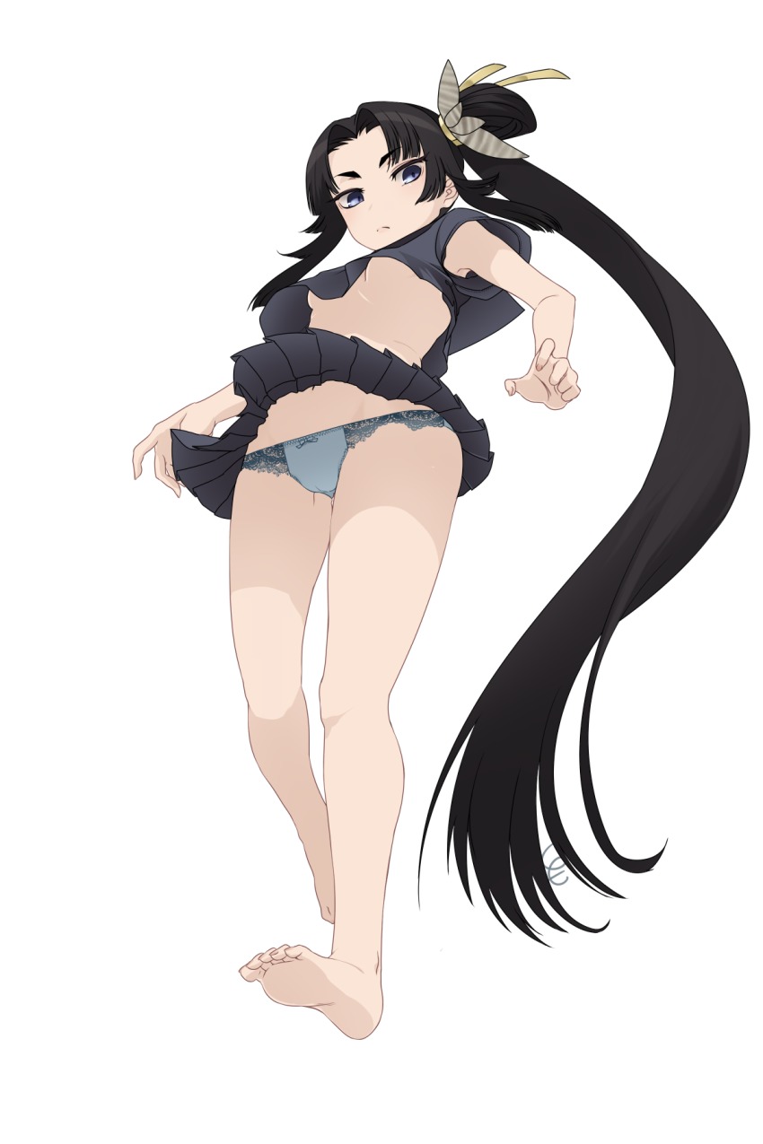 1girl, bad_id, bad_pixiv_id, barefoot, black_hair, blue_eyes, blue_panties, breasts