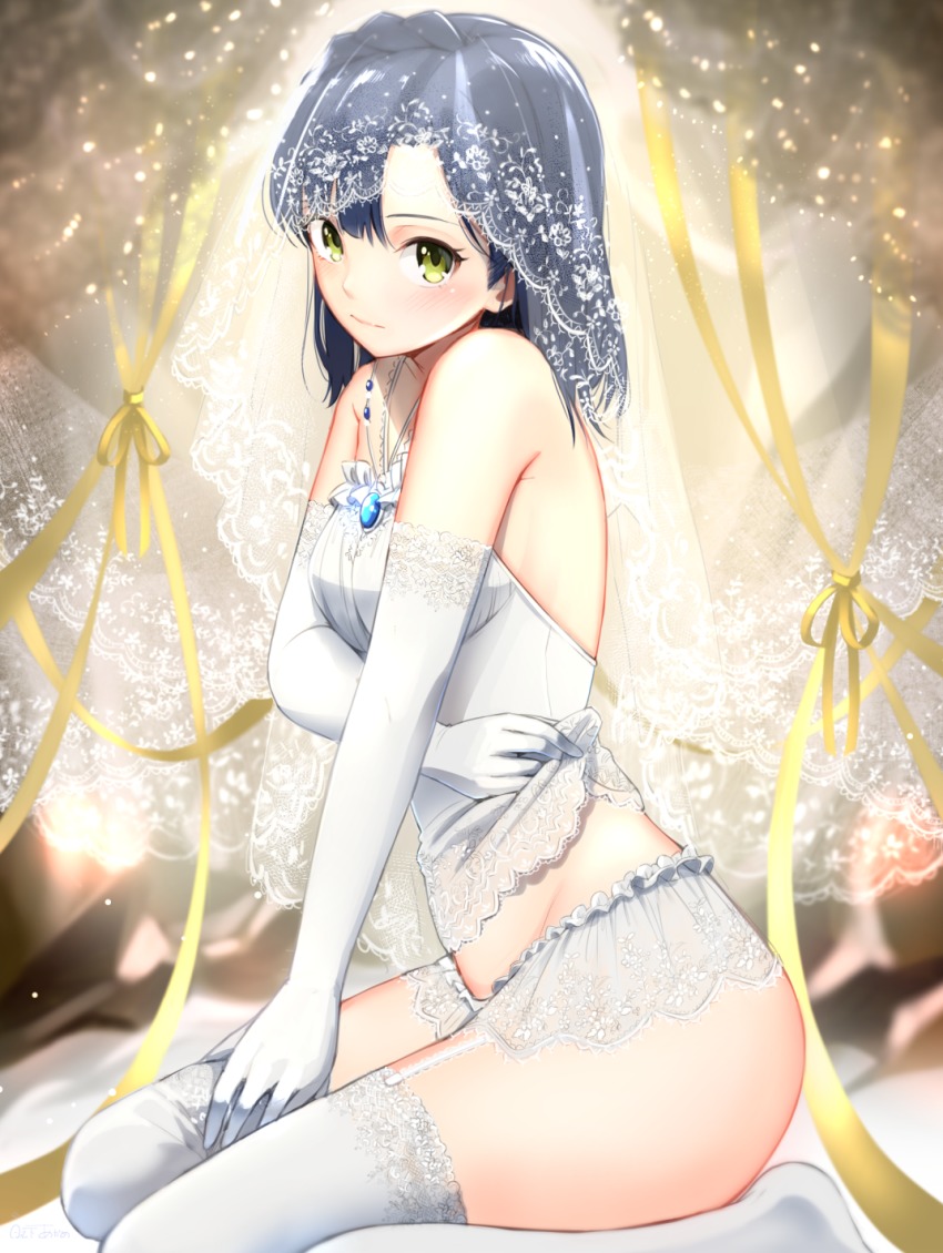 1girl, bad_id, bad_twitter_id, bare_shoulders, blue_hair, blush, bridal_veil, dress