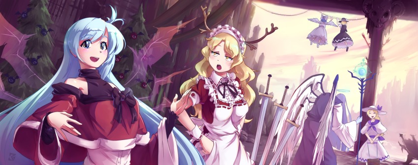 6+girls, angel_wings, blonde_hair, blue_eyes, blue_hair, blue_skin, blush, bow